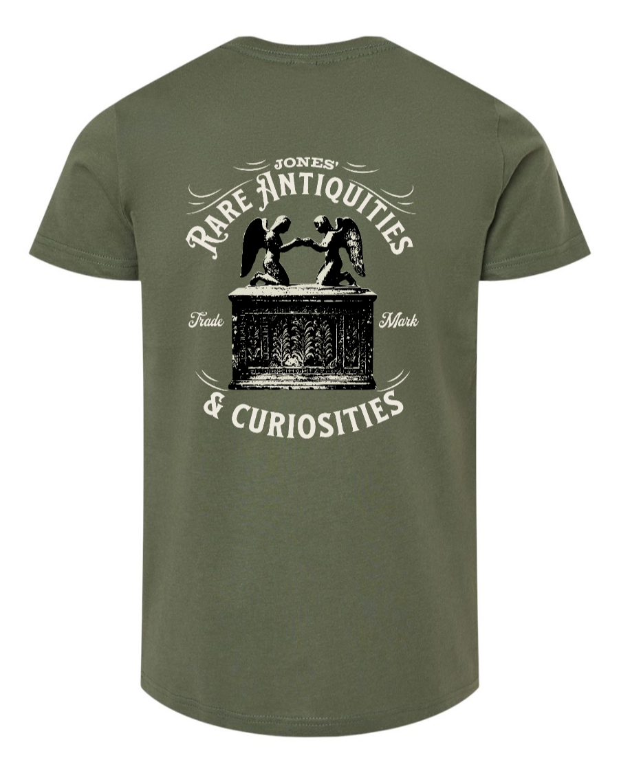 Military green Jones Rare Antiquities youth T-shirt by Corner of Main with graphic design on front and back.