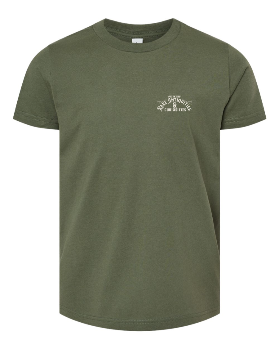 Military green Jones Rare Antiquities youth T-shirt by Corner of Main with logo print on left chest.