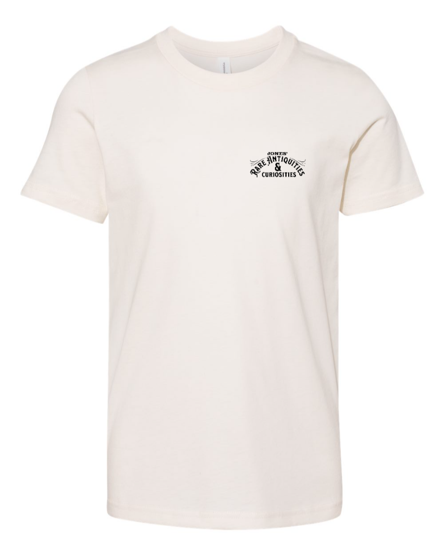 Natural-colored Jones Rare Antiquities youth T-shirt by Corner of Main, featuring a left chest design.