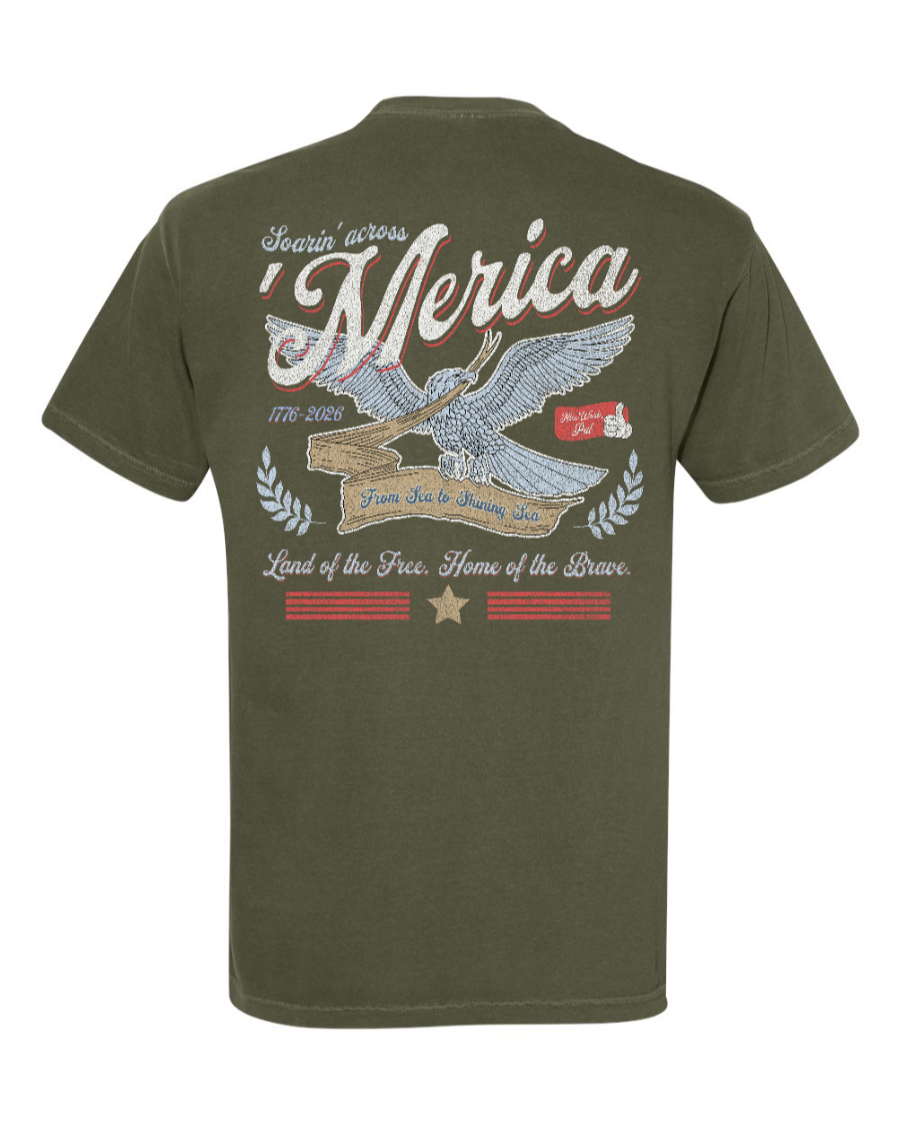 Corner of Main Soarin' Across 'Merica 100% cotton T-shirt in sage green, shows back view with patriotic design.