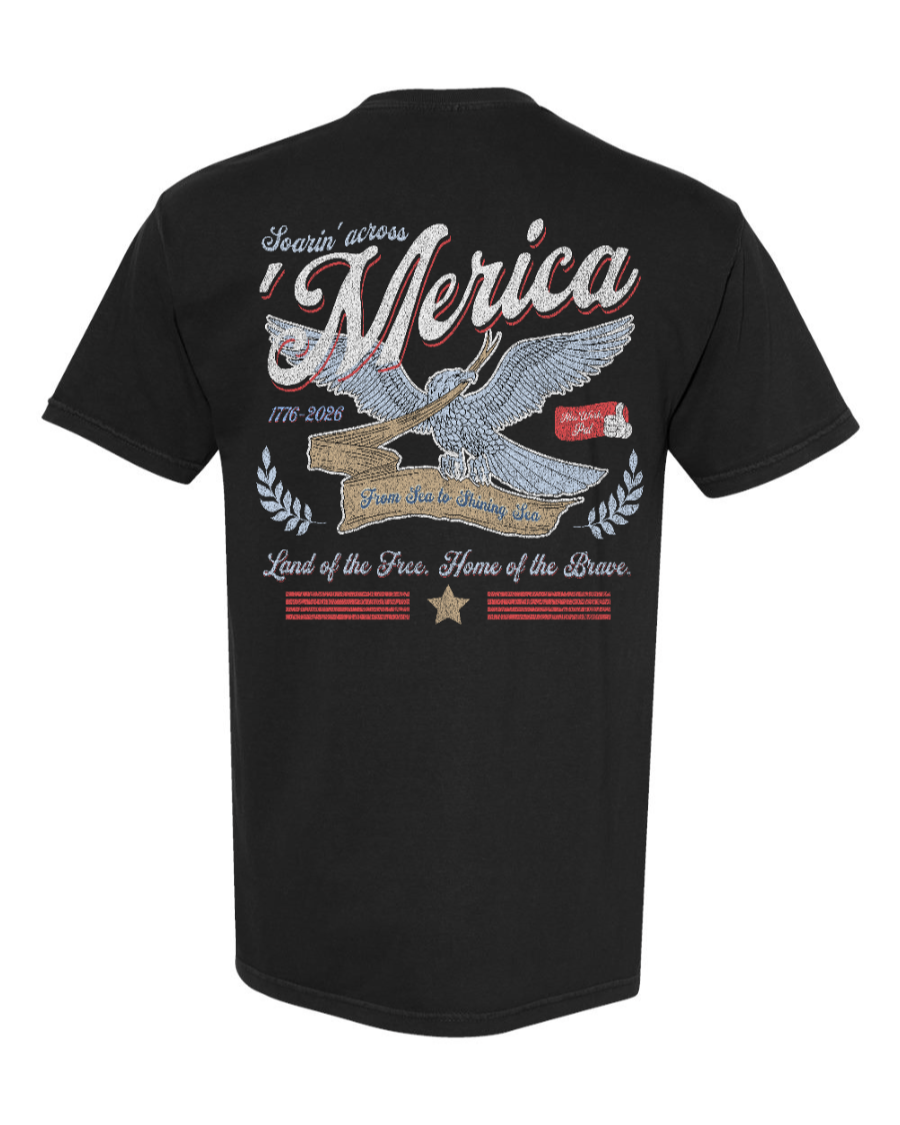 Black Soarin' Across 'Merica T-shirt by Corner of Main featuring patriotic design on 100% cotton fabric.