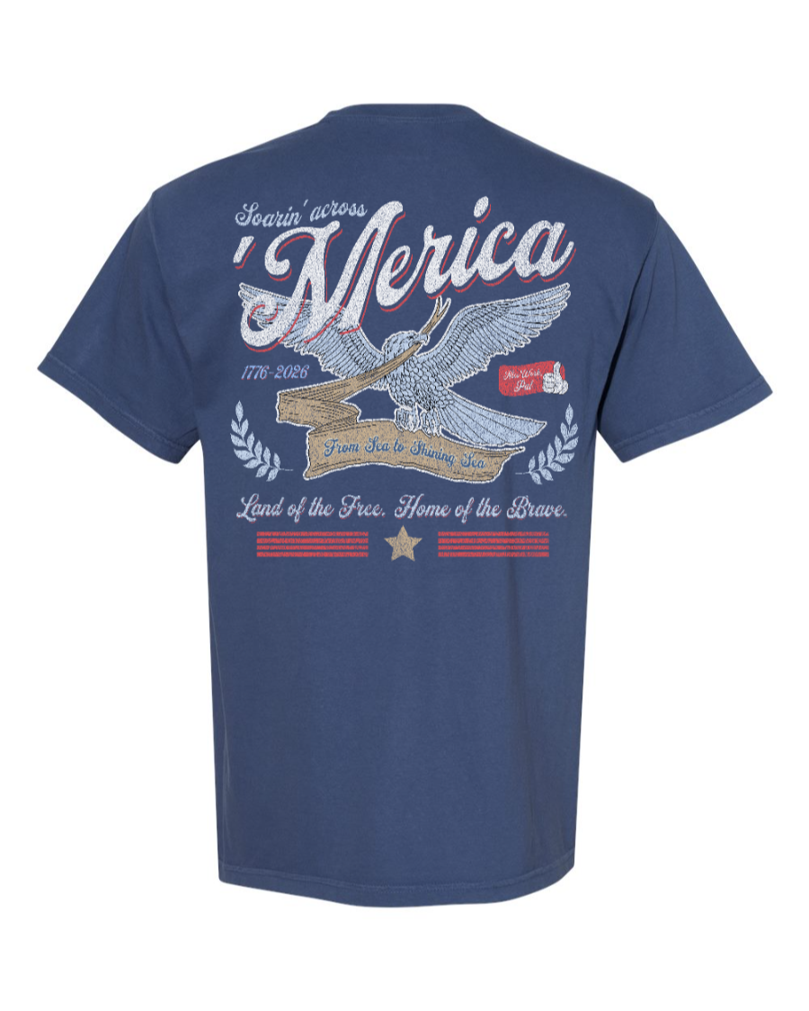 Blue Soarin' Across 'Merica cotton T-shirt by Corner of Main, featuring patriotic design on the back.