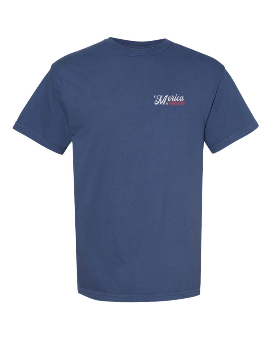 Corner of Main Soarin' Across 'Merica cotton T-shirt showing a patriotic graphic on a China Blue fabric.