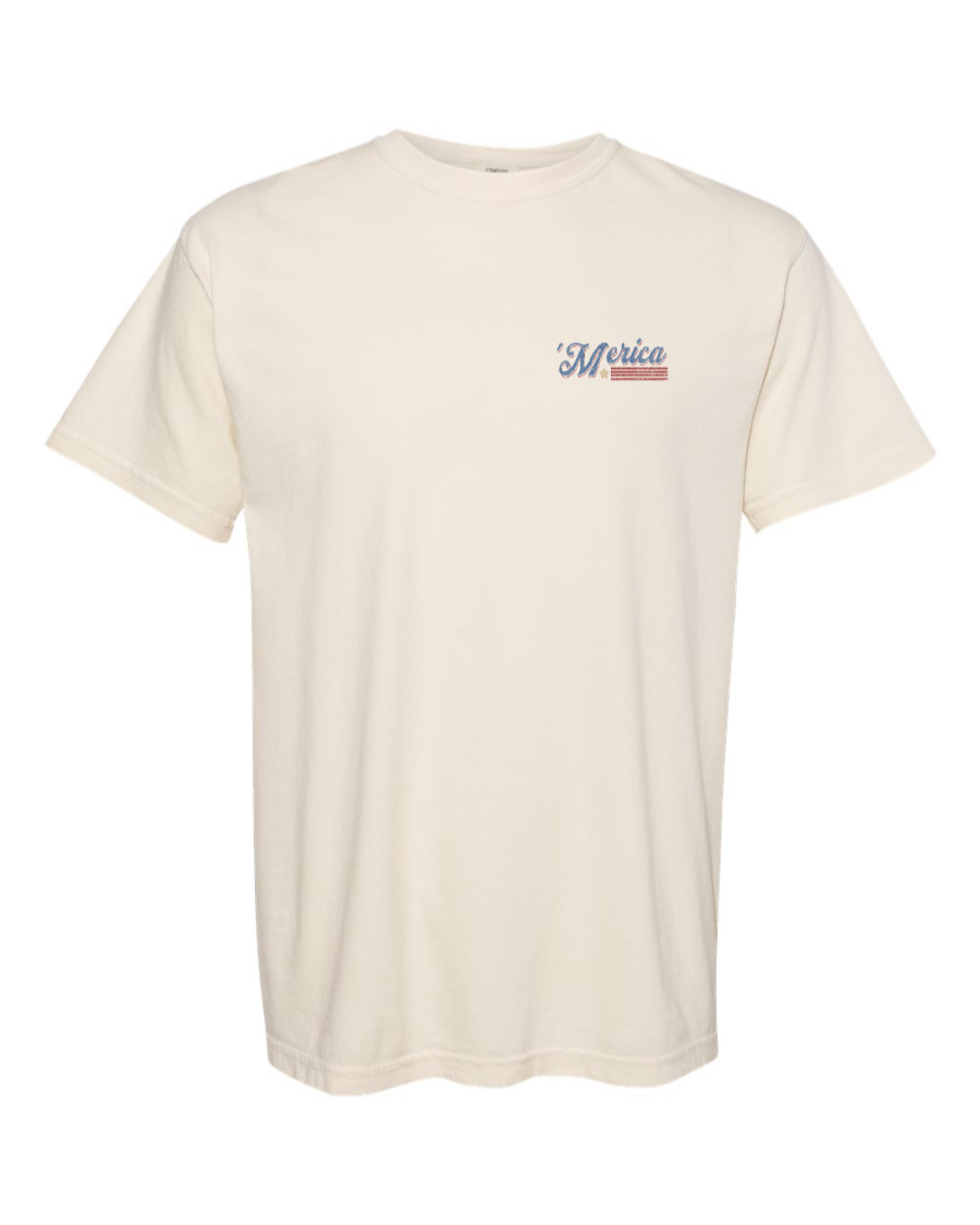 Ivory Corner of Main Soarin' Across 'Merica cotton T-shirt with left chest graphic design.