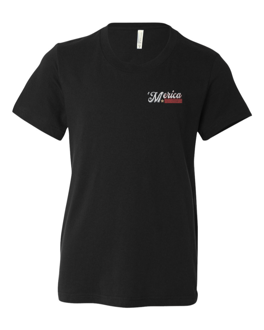 Black youth t-shirt from Corner of Main featuring a Soarin' Across 'Merica design on the left chest.