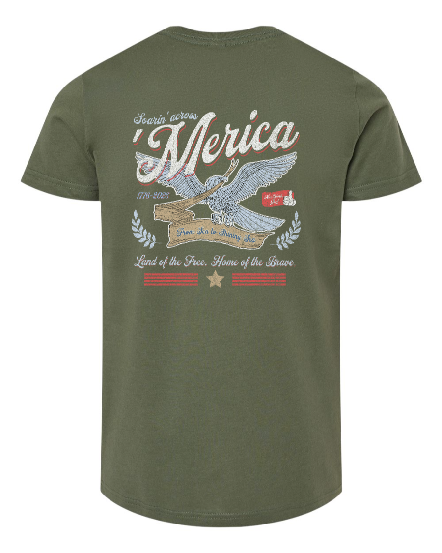 Youth military green t-shirt featuring Soarin' Across 'Merica design by Corner of Main, perfect for kids' casual wear.
