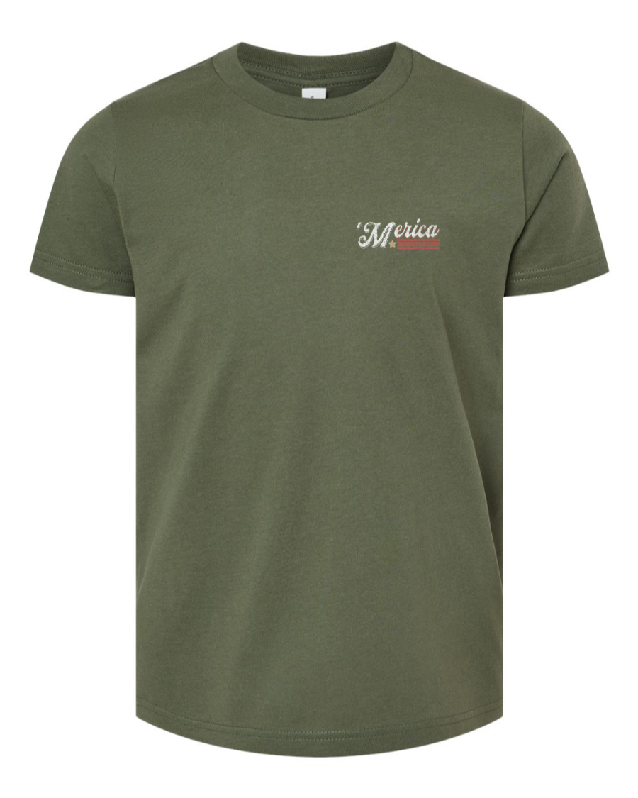 Military green youth T-shirt with "Soarin' Across 'Merica" printed on the front, by Corner of Main, featuring a casual kids' shirt design.