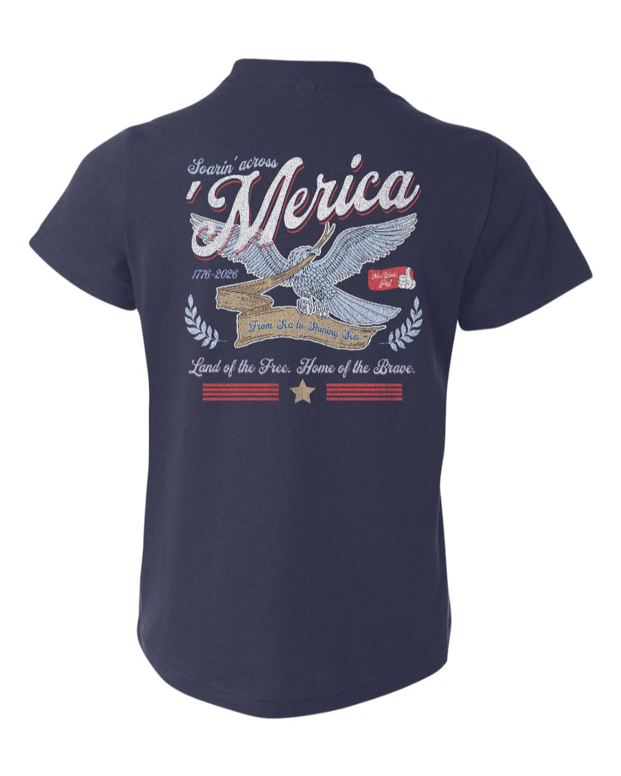 Navy youth T-shirt featuring Soarin' Across 'Merica design, made by Corner of Main, with patriotic American theme.