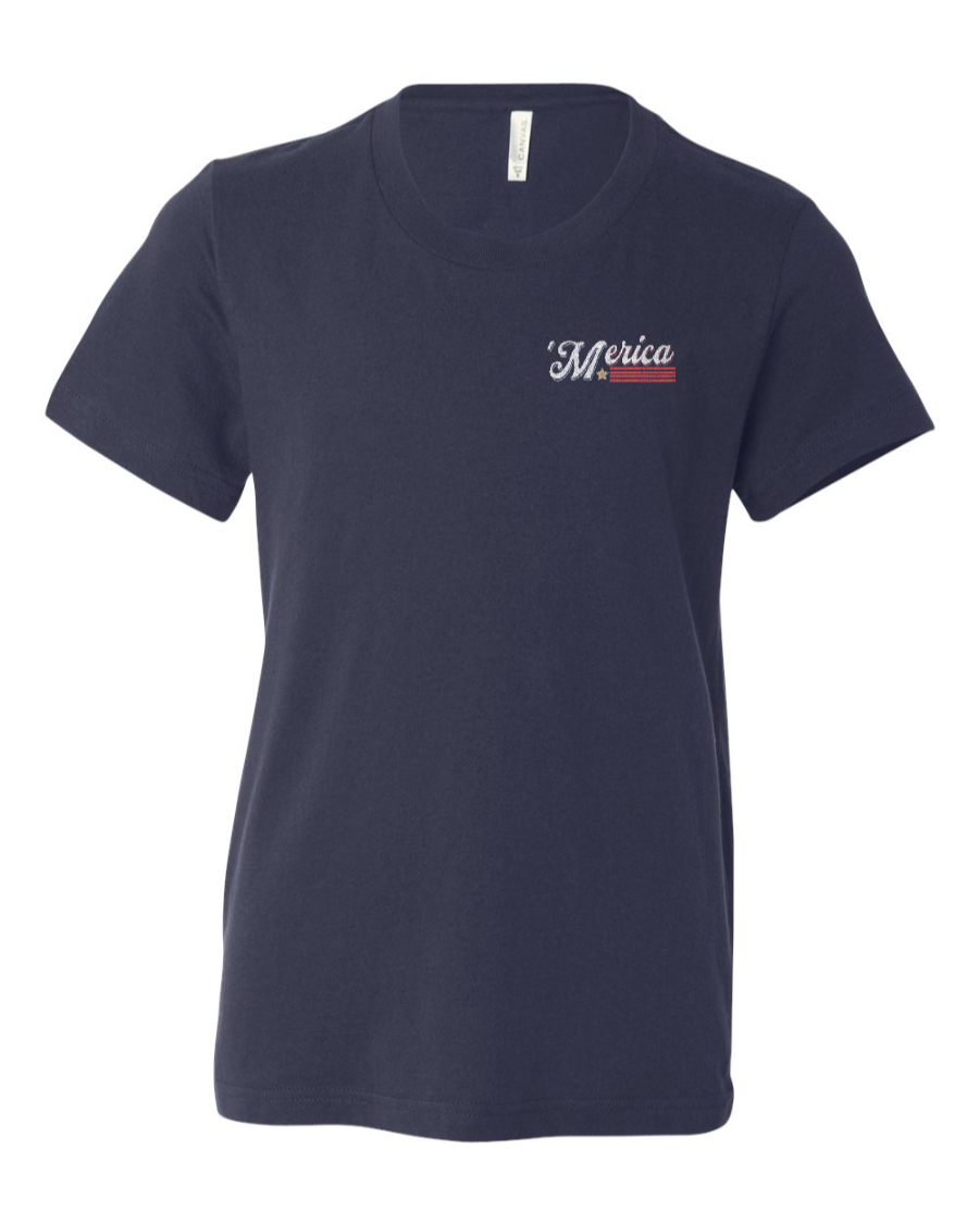 Navy youth T-shirt by Corner of Main featuring "Soarin' Across 'Merica" patriotic design on the left chest.
