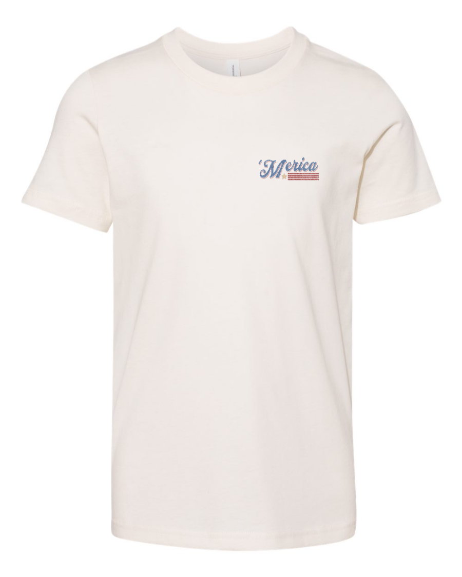 Youth kids' T-shirt from Corner of Main featuring a natural color with a Soarin' Across 'Merica design on the left chest.