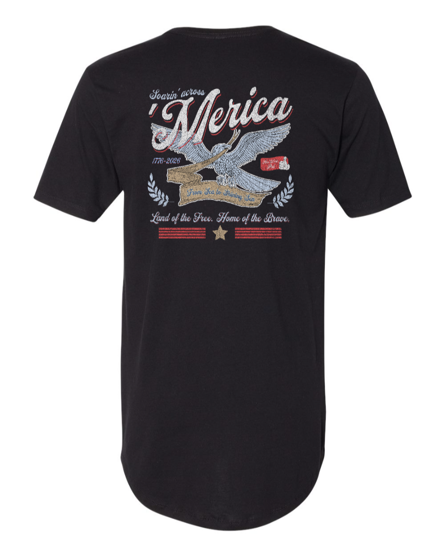 Black long body T-shirt from Corner of Main featuring a "Soarin' Across 'Merica" design on the back.