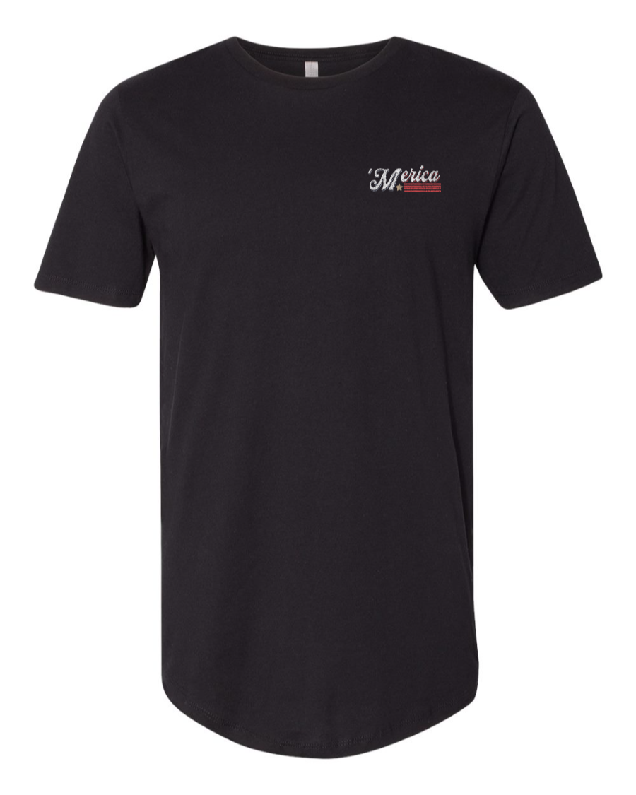 Black long body T-shirt from Corner of Main featuring a "Soarin' Across 'Merica" design on the left chest.