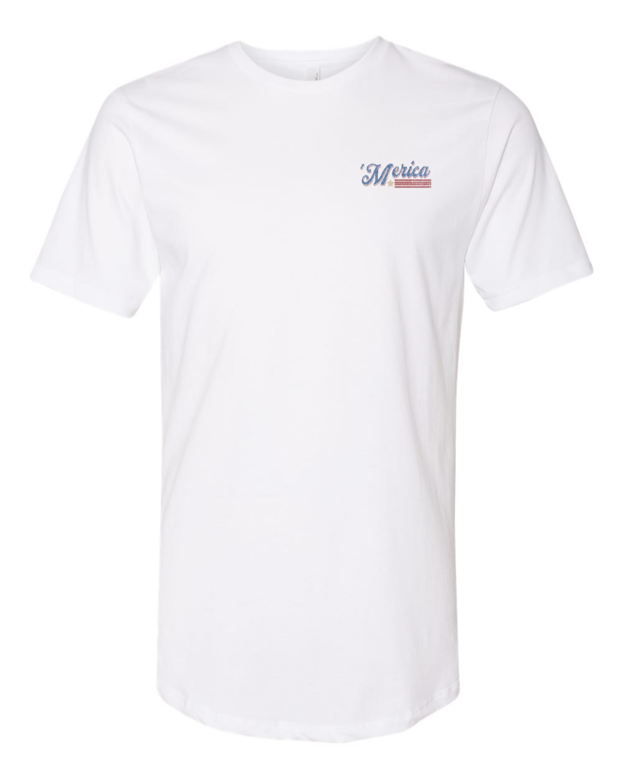 White long body T-shirt by Corner of Main featuring a left chest design from the Soarin' Across 'Merica collection.