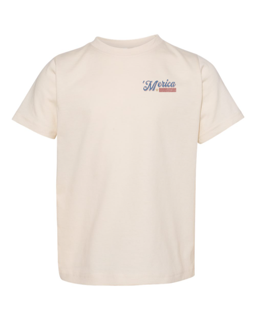 Toddler kids shirt by Corner of Main featuring a patriotic "Soarin' Across 'Merica" design on a natural-colored fabric.
