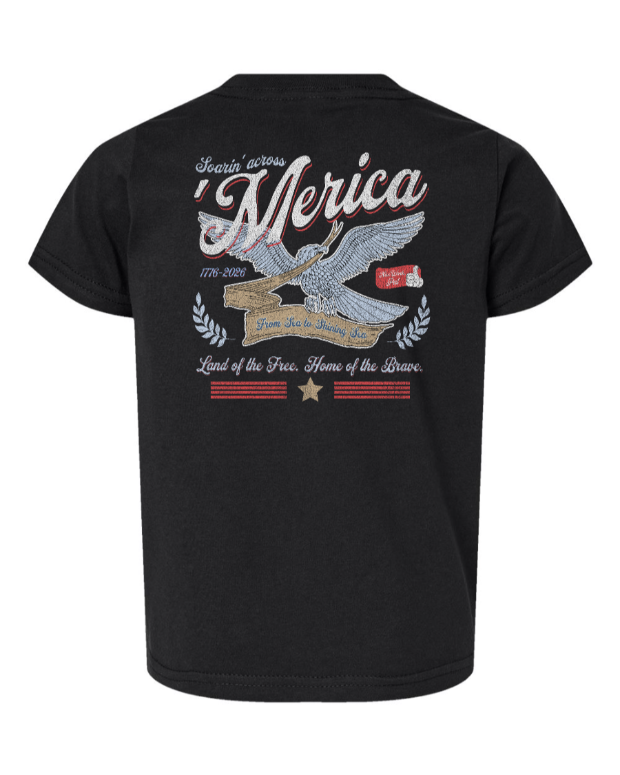 Black toddler kids shirt from Corner of Main featuring Soarin' Across 'Merica design on the back.