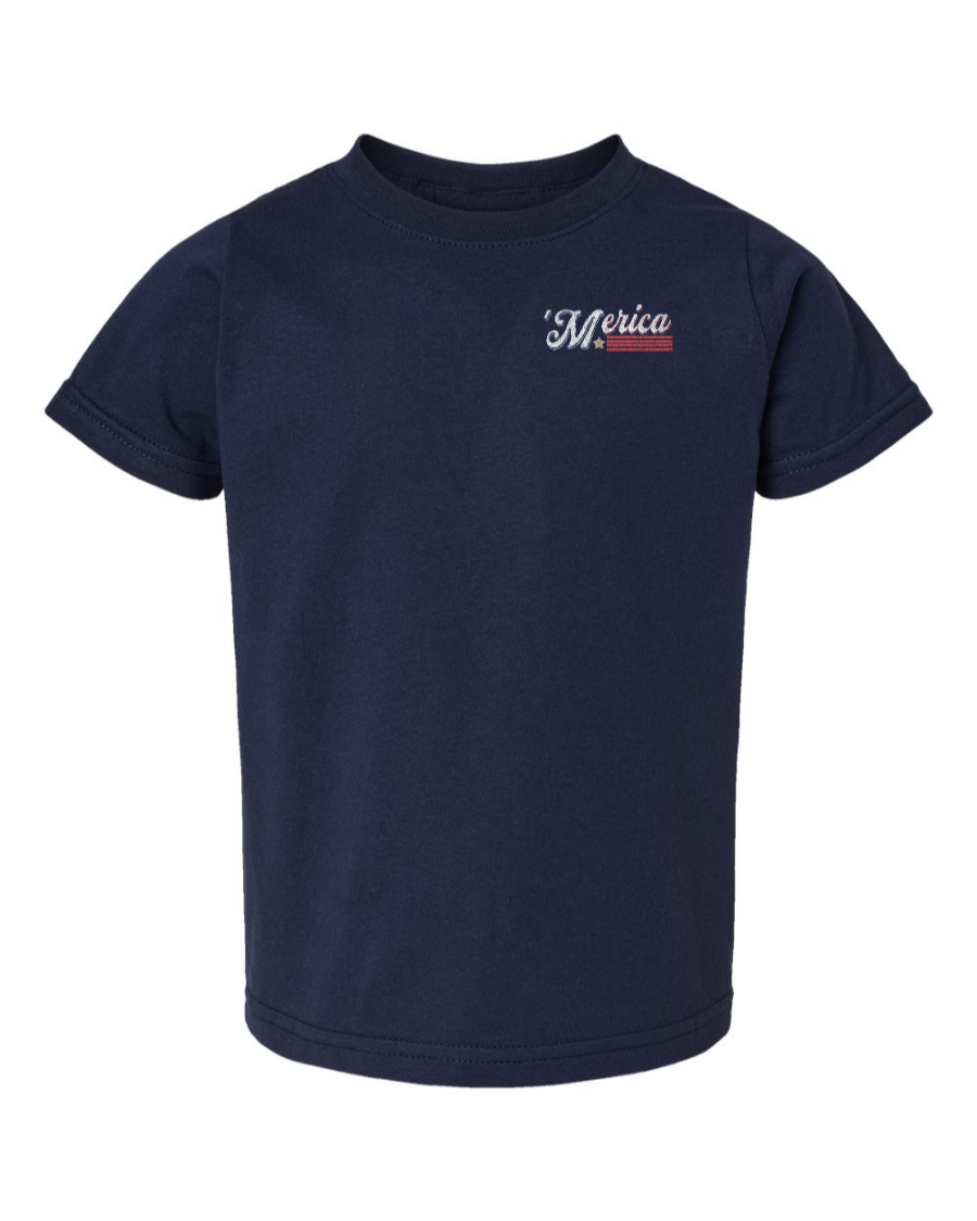 Navy toddler kids' T-shirt with "Soarin' Across 'Merica" graphic and Corner of Main brand logo on left chest.