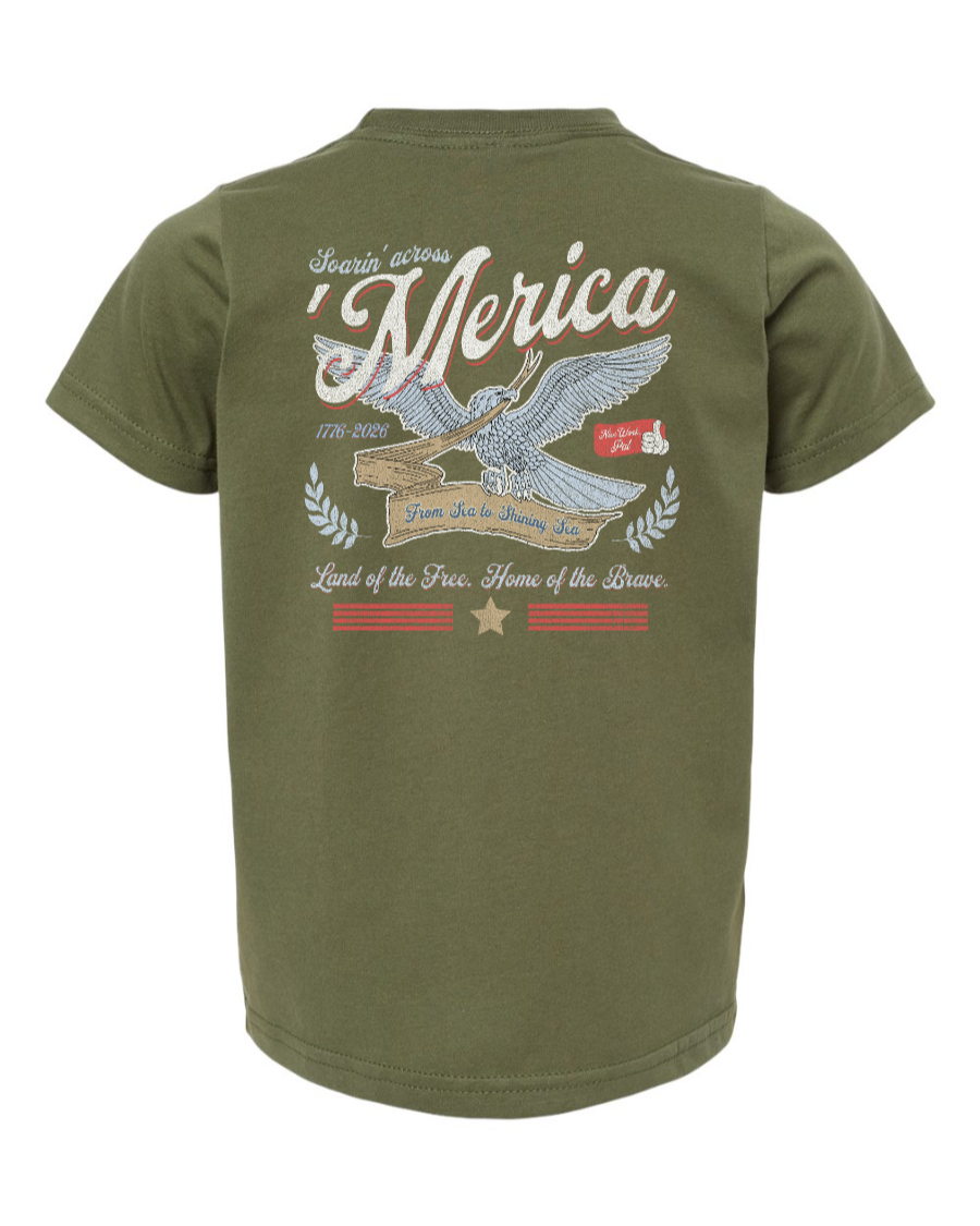 Toddler green military-style tee featuring "Soarin' Across 'Merica" text, by Corner of Main, casual kids' shirt.