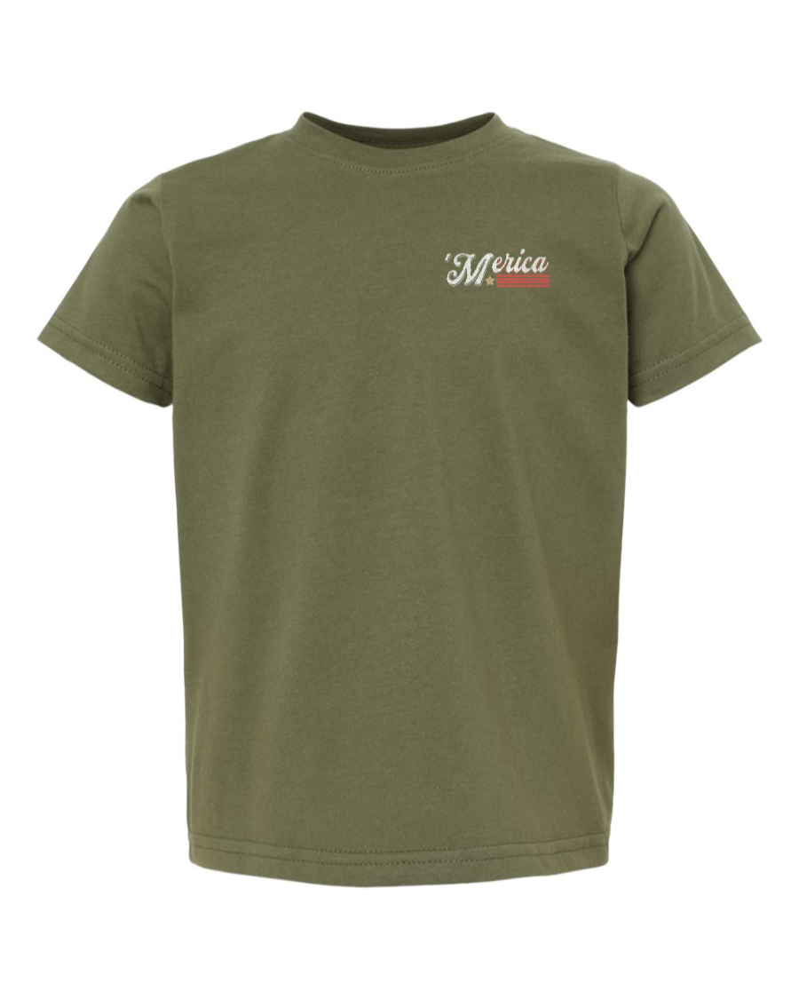Toddler military green tee from Corner of Main with "Soarin' Across 'Merica" graphic on the front, kid's casual kids' shirt.