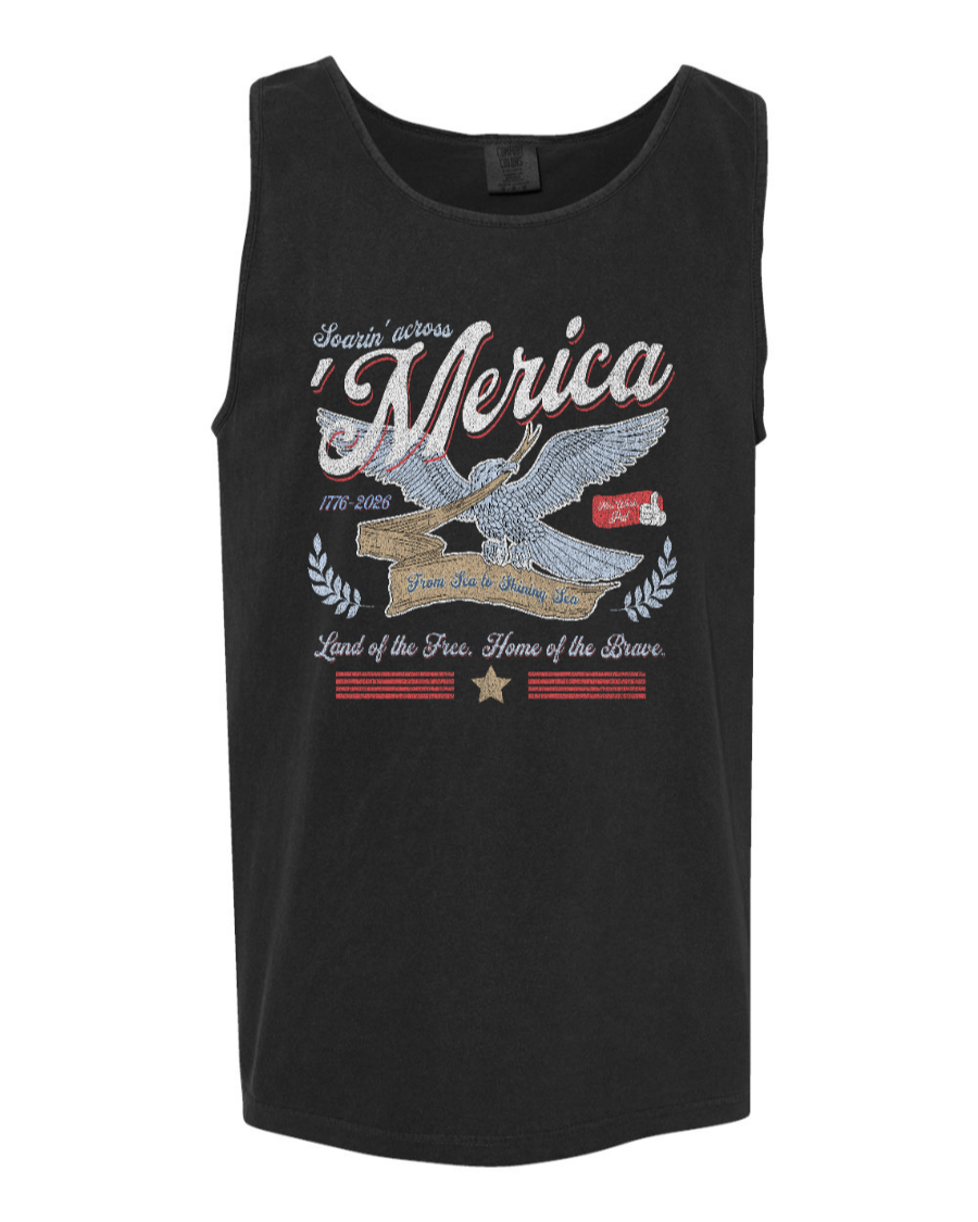 Black Corner of Main Soarin' Across 'Merica tank top with patriotic graphic on front, casual sleeveless design for summer wear.