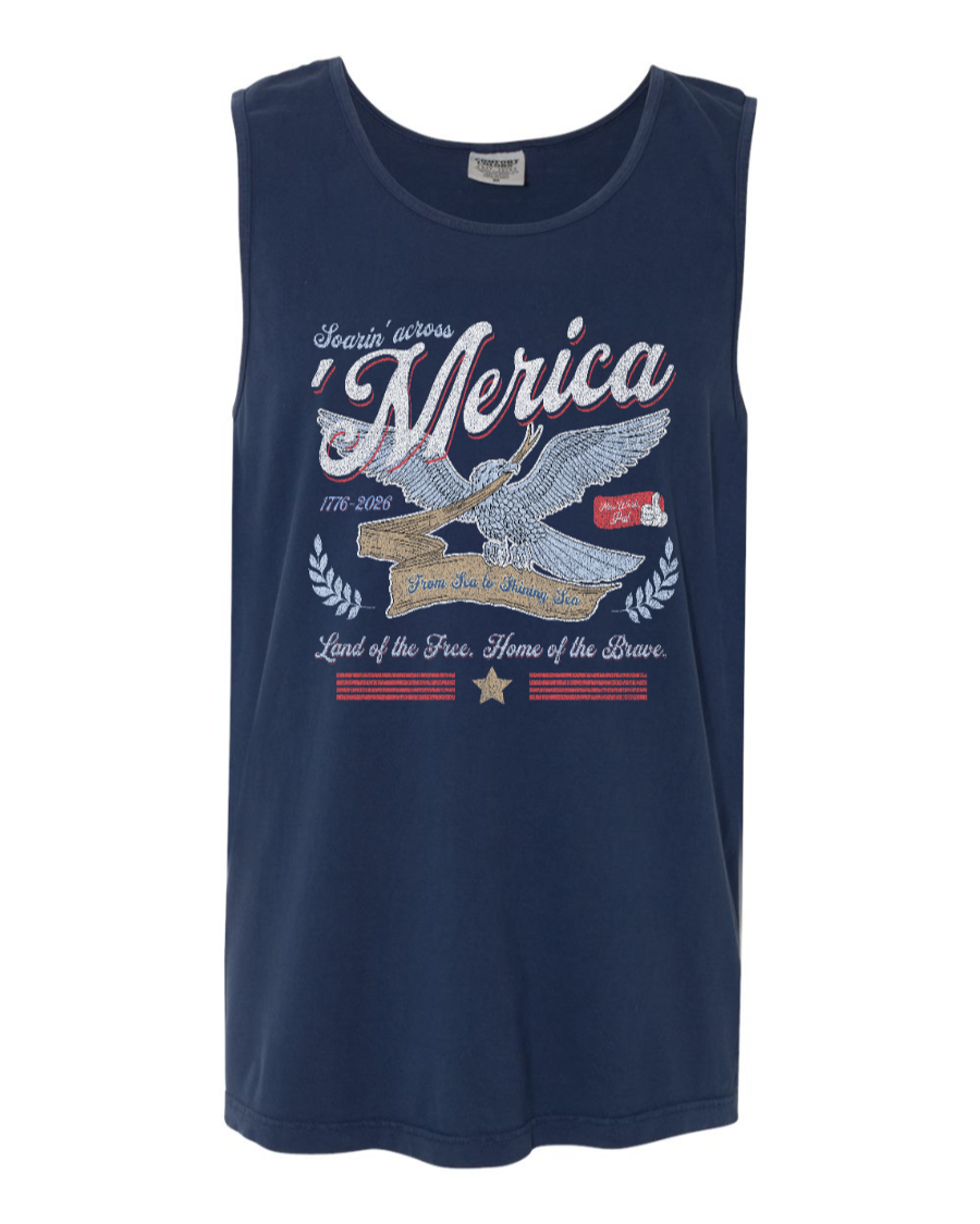 Corner of Main Soarin' Across 'Merica navy tank top with patriotic graphic front view
