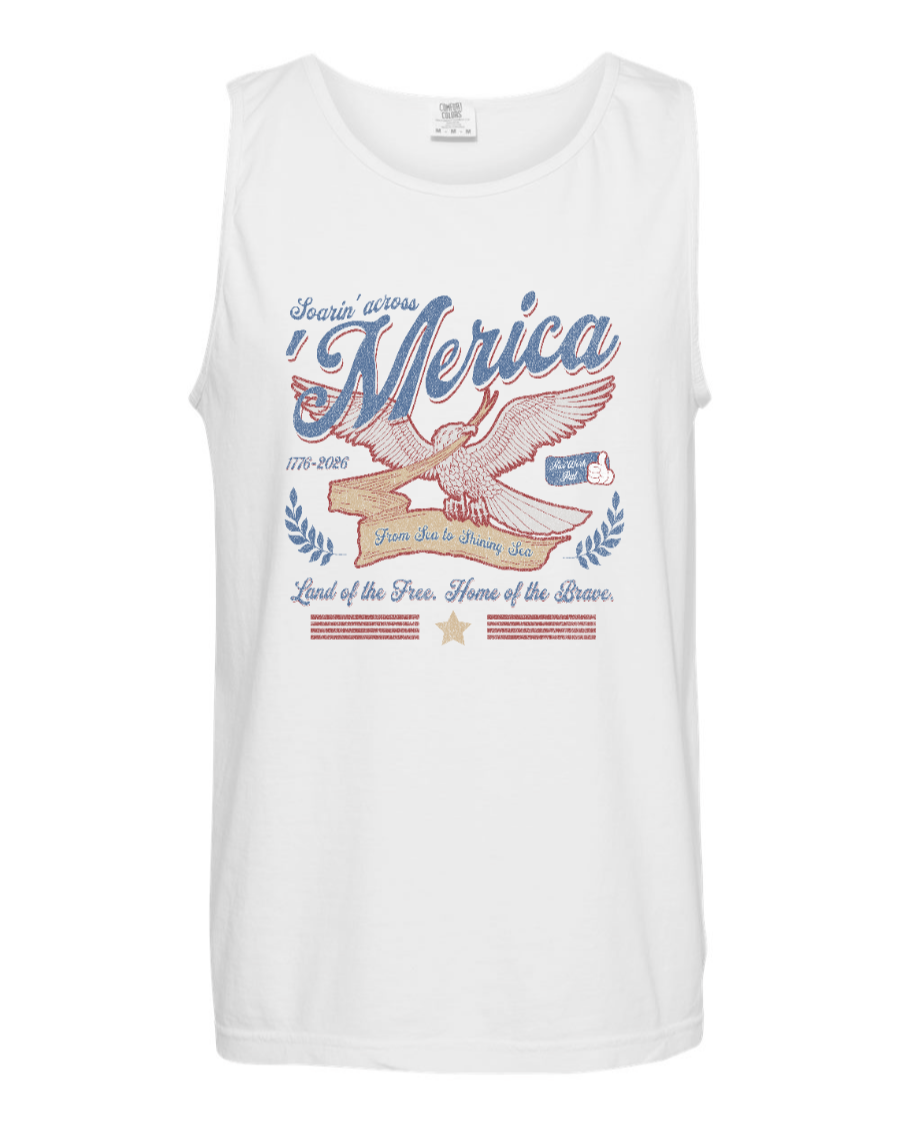 White corner of Main Soarin' Across 'Merica tank top featuring patriotic design and comfortable fit, front view.