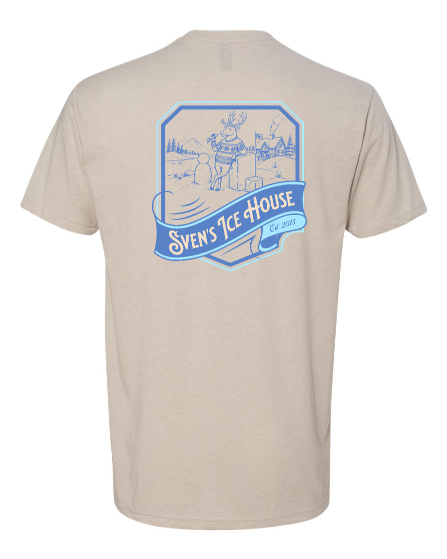 Corner of Main Sven's Ice House Next Level T-Shirt in sand, front view showing casual fit and graphic design on the back.