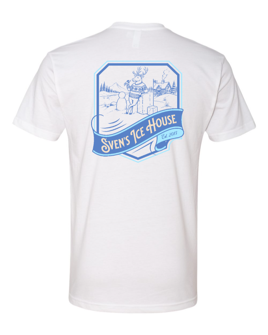 White Corner of Main Sven's Ice House T-Shirt with back design, casual fit, and graphic print for outdoor enthusiasts.