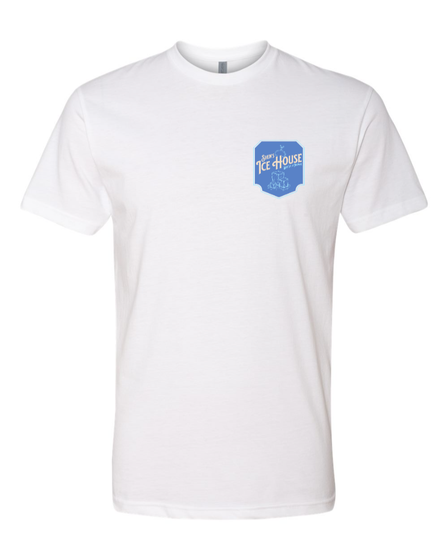 White Corner of Main Sven's Ice House Next Level T-Shirt with logo print on left chest.