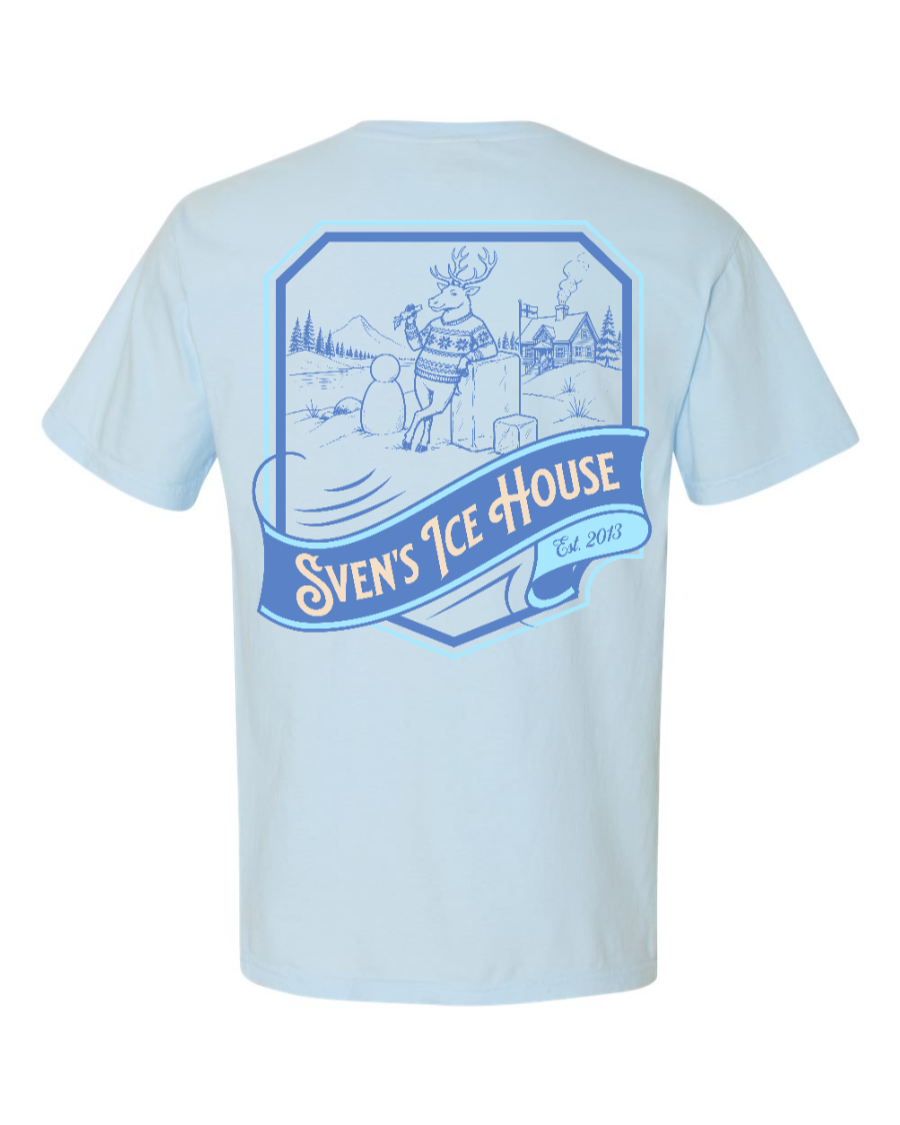 Corner of Main Sven's Ice House 100% Cotton T-shirt in chambray, showing the back view with a casual fit.