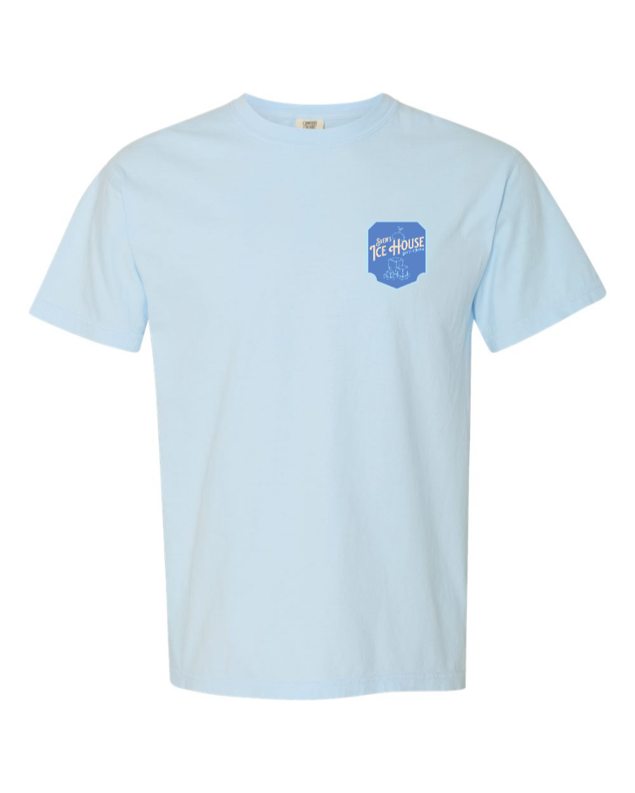 Corner of Main Sven's Ice House cotton t-shirt with chambray fabric and left chest logo design.
