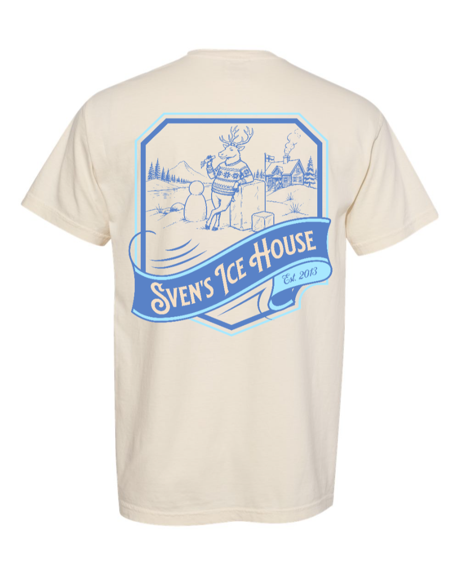 Corner of Main Sven's Ice House 100% cotton ivory T-shirt with back design, casual unisex apparel.