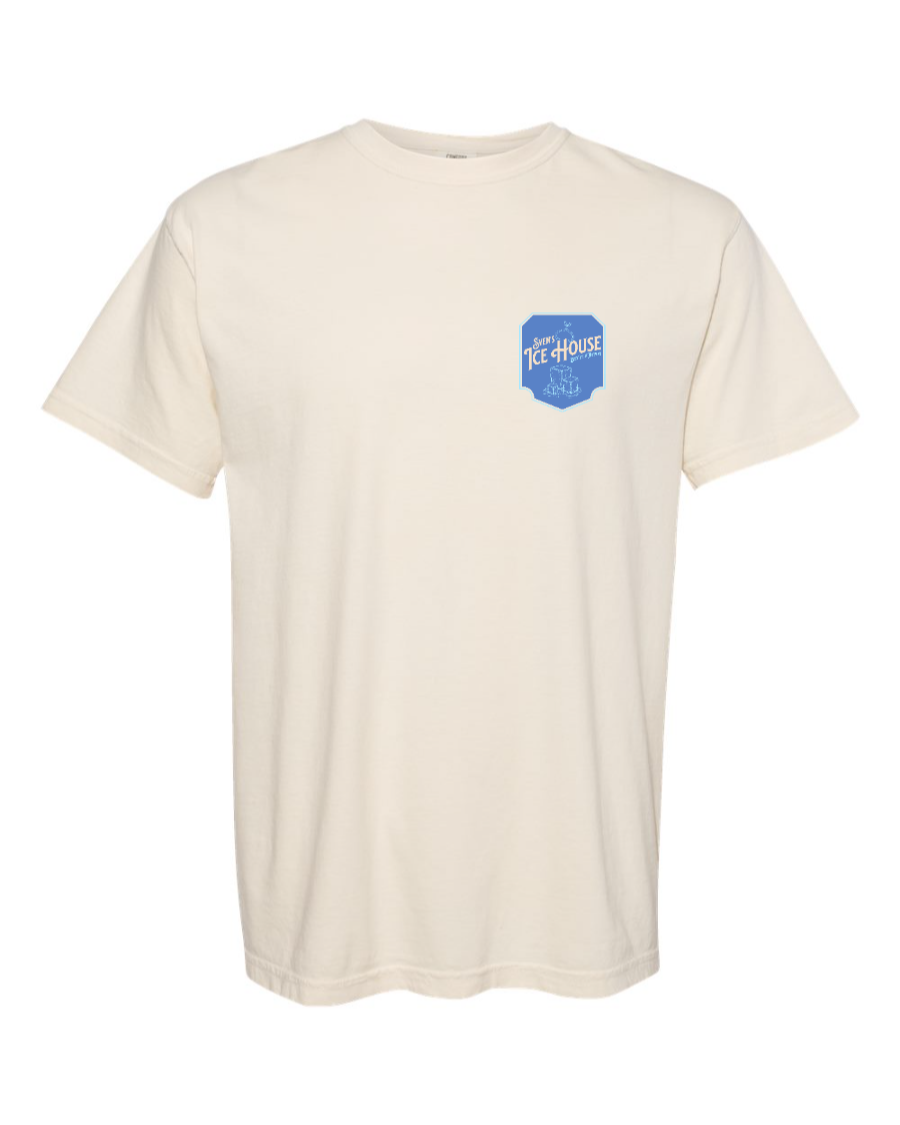 Corner of Main Sven's Ice House 100% cotton ivory t-shirt with left-chest graphic design.