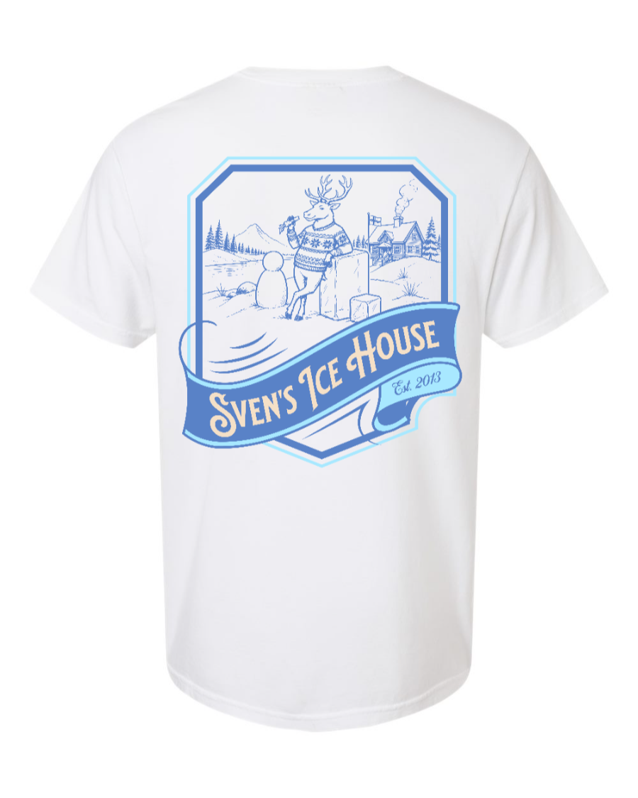 White Sven's Ice House T-shirt by Corner of Main, 100% cotton, shown from the back with a simple design.