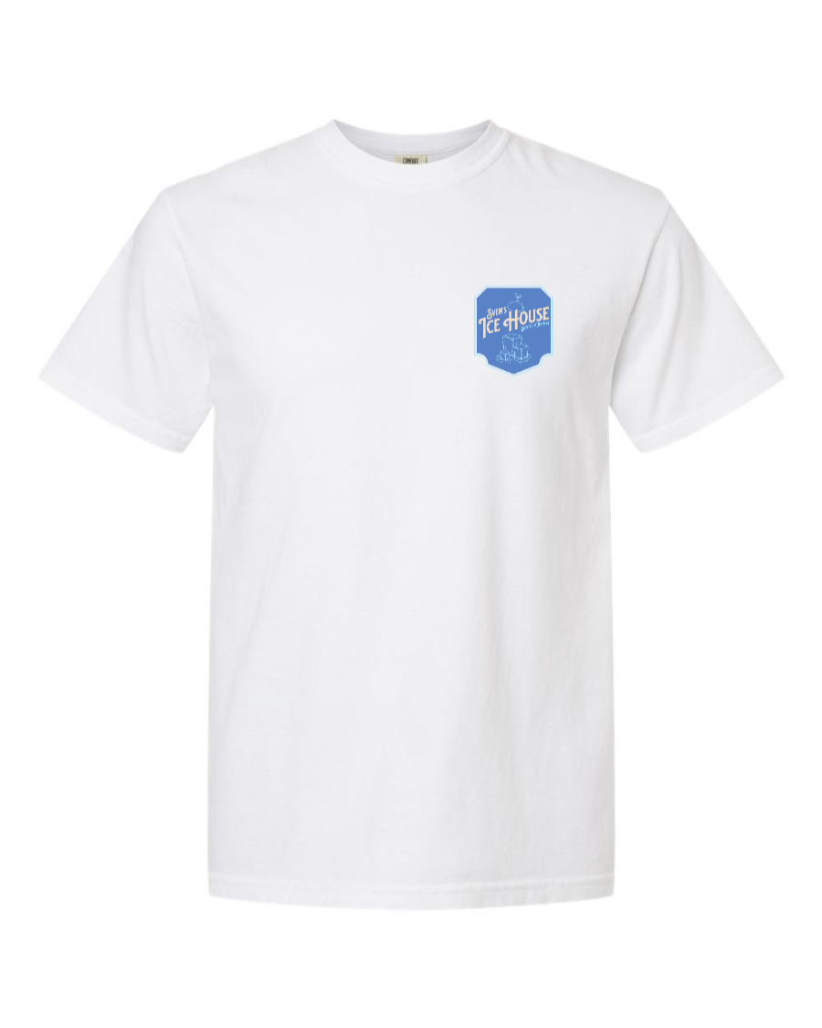 White Corner of Main Sven's Ice House cotton T-shirt with left chest graphic, casual style, comfortable fit.