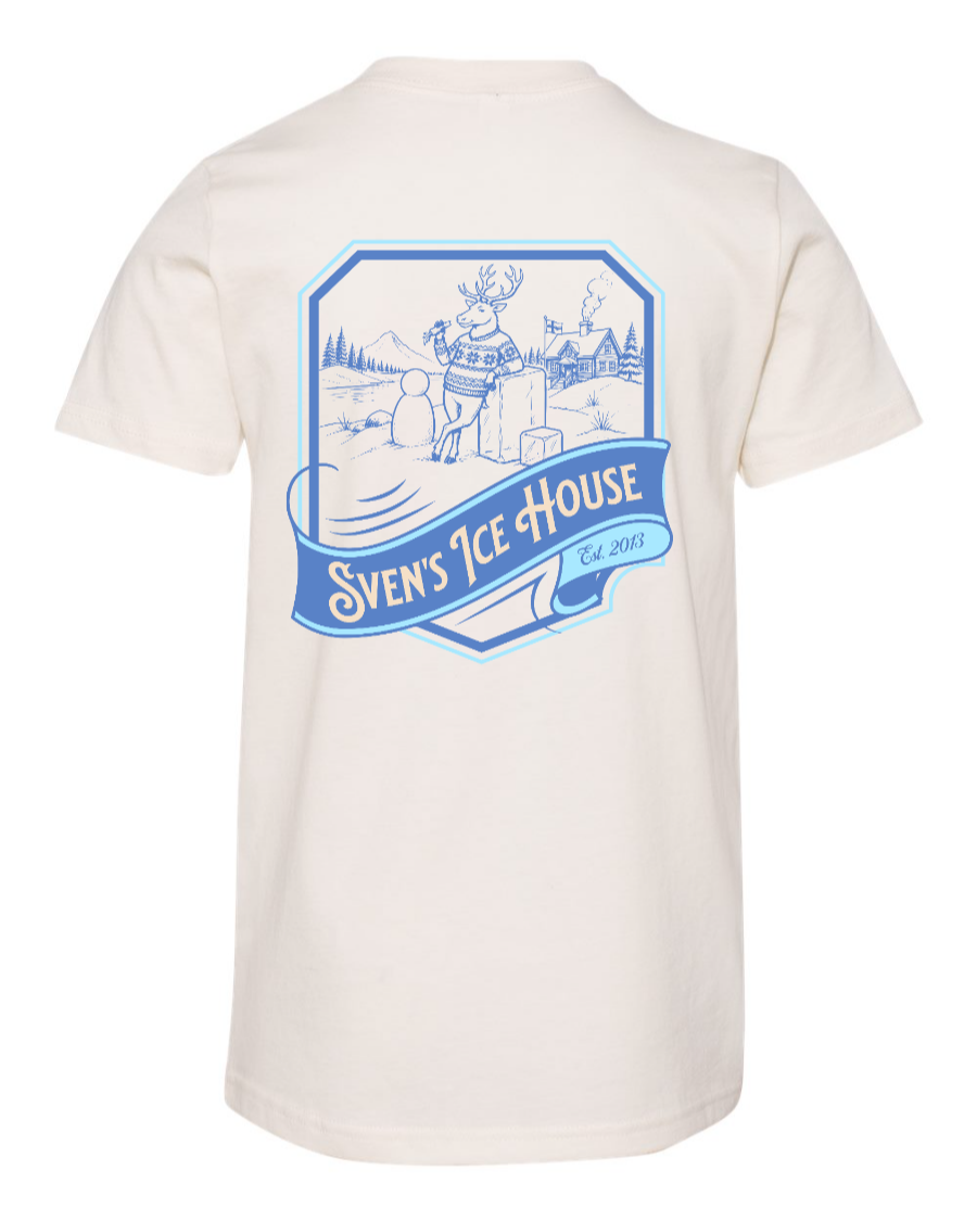 Corner of Main Sven's Ice House youth kids T-shirt in natural color, back view showing the design on the shirt.