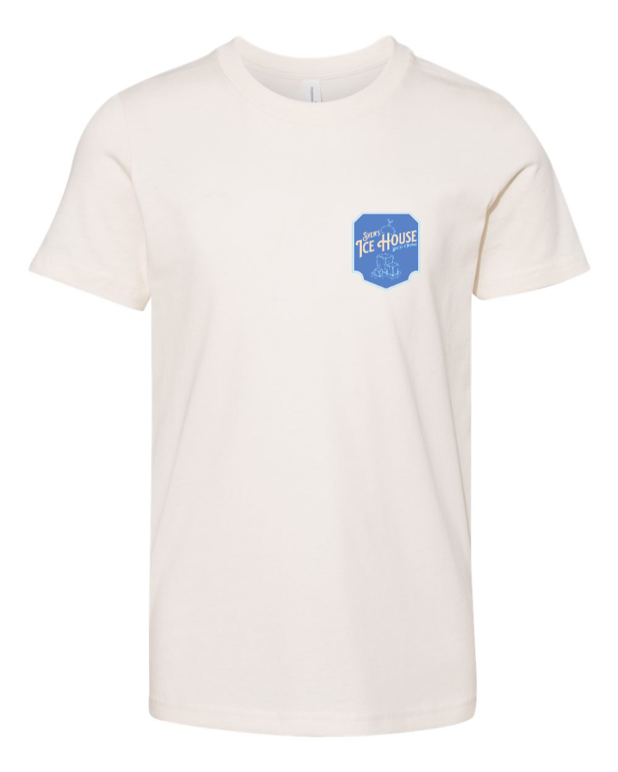Corner of Main Sven's Ice House youth kids' T-shirt, natural color, left chest logo, breathable cotton material.