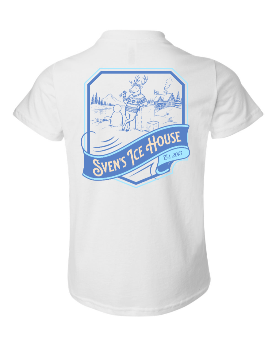 White kids' T-shirt from Corner of Main featuring Sven's Ice House design, casual youth shirt for children.