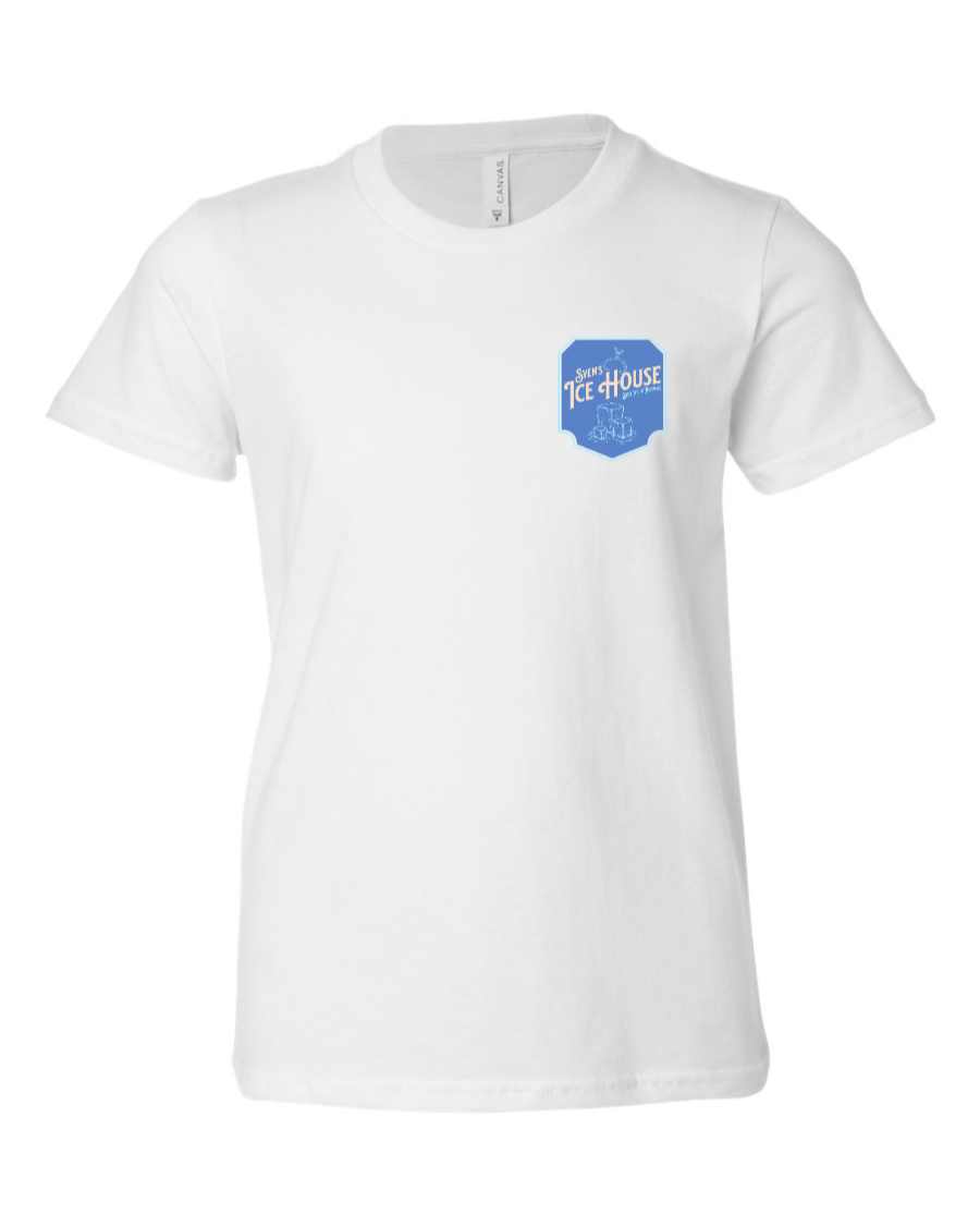 White kids' T-shirt from Corner of Main featuring Sven's Ice House logo on the left chest.