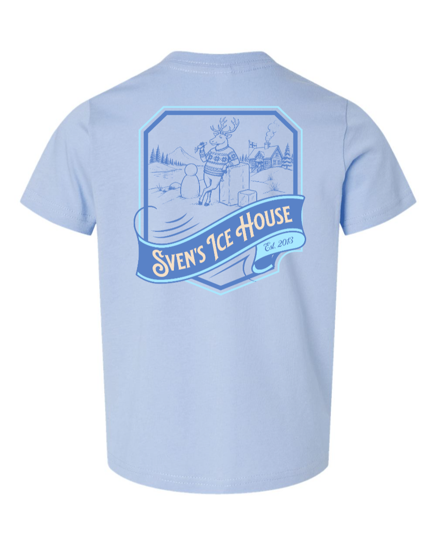 Light blue toddler T-shirt from Corner of Main featuring Sven's Ice House graphic, soft cotton fabric, and comfortable fit.