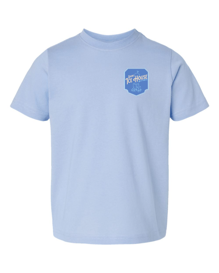 Light blue toddler T-shirt from Corner of Main with Sven's Ice House graphic on the left chest.