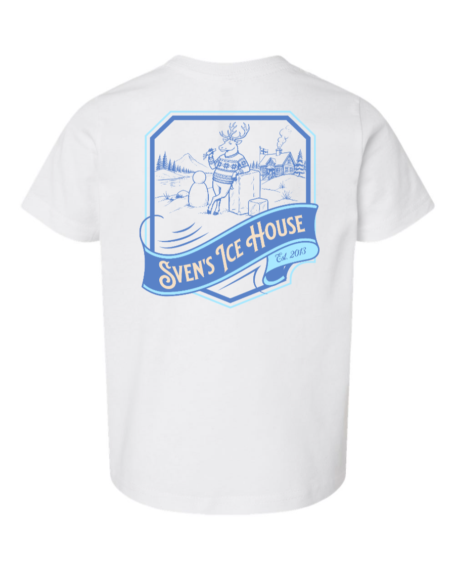 White toddler T-shirt from Corner of Main featuring Sven's Ice House graphic on the front, with a back view showing the design.