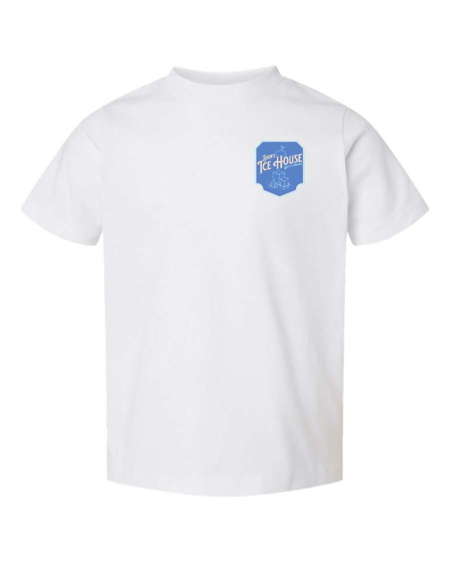 White toddler T-shirt by Corner of Main featuring a Sven's Ice House logo on the left chest.