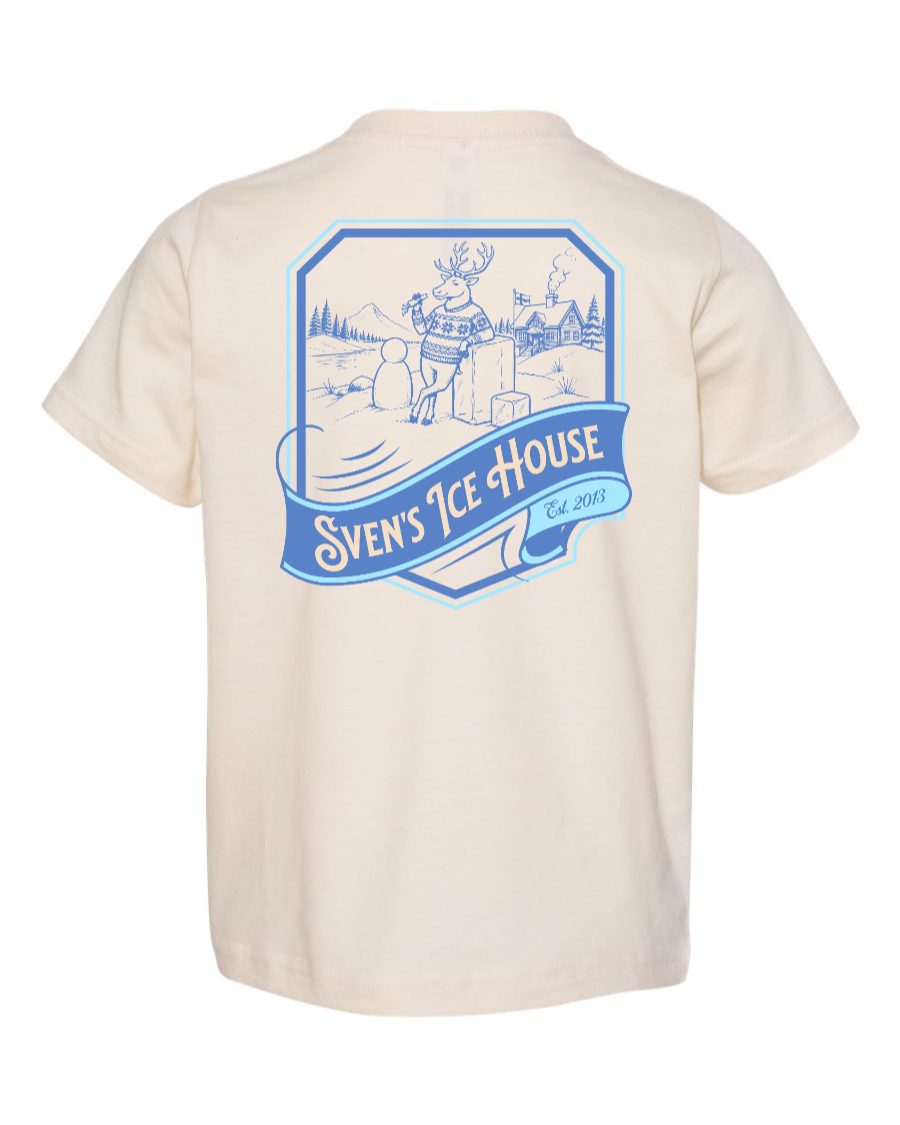 Corner of Main Sven's Ice House toddler T-shirt in natural color, showing back view with graphic design and comfortable fit.