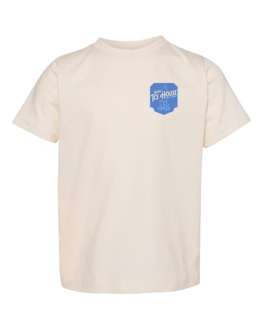 Corner of Main Sven's Ice House toddler T-shirt in natural color, featuring a left chest design and soft cotton fabric.
