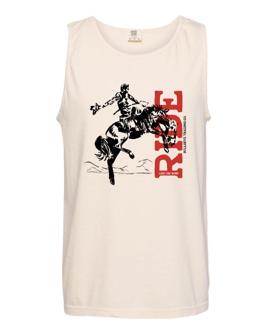Corner of Main Ride Like the Wind tank top in ivory, front view showcasing sleeveless design and casual fit.