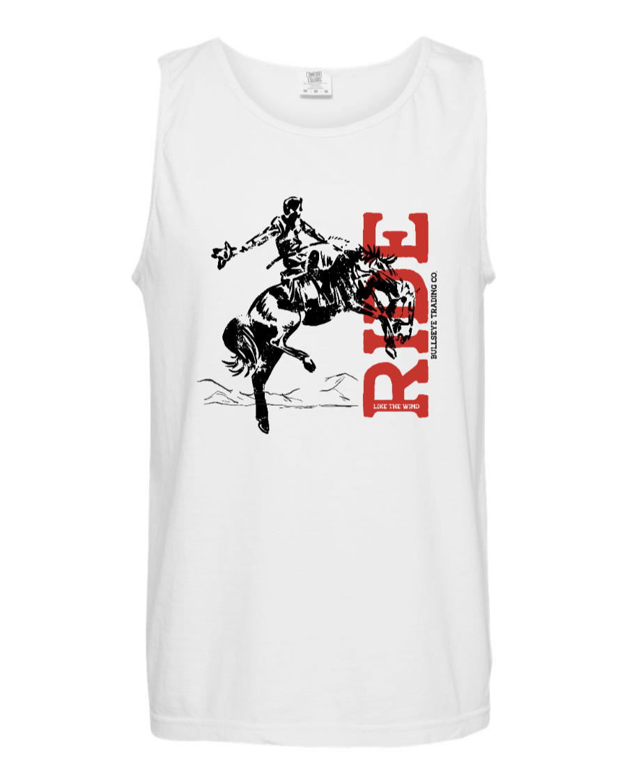 White Ride Like the Wind tank top by Corner of Main featuring a casual sleeveless design and graphic print on the front.