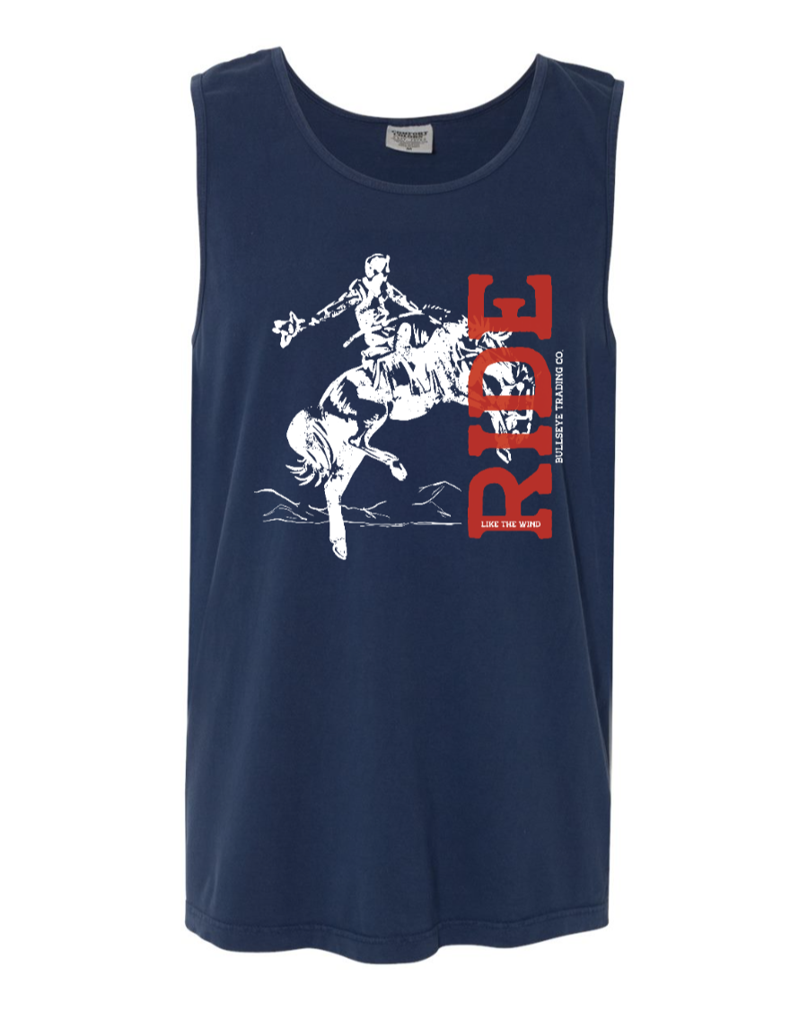 Corner of Main Ride Like the Wind tank top in true navy, front view showing sleeveless design and casual fit.