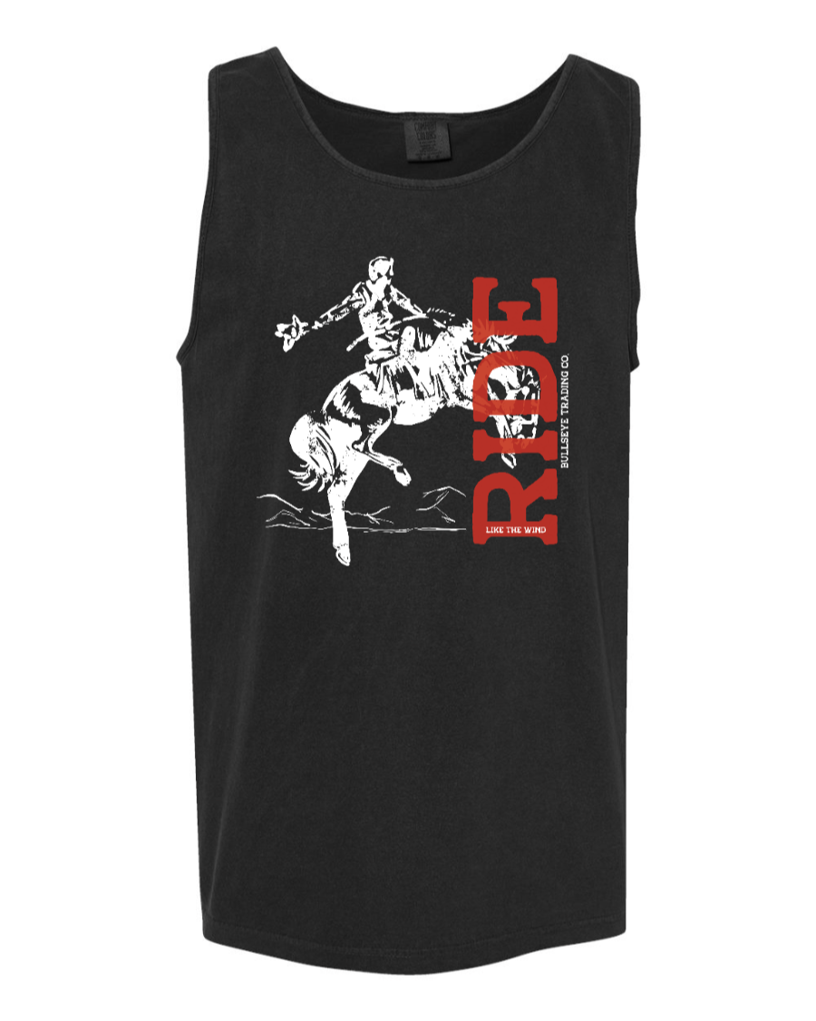 Black "Ride Like the Wind" tank top by Corner of Main, front view showing casual sleeveless design and bold graphic print.