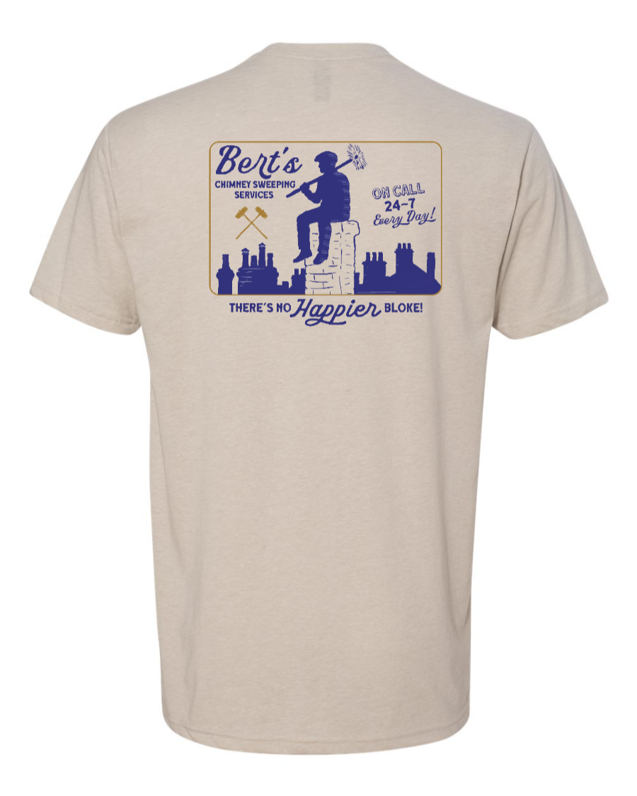 Corner of Main Next Level T-Shirt featuring Bert's Chimney Services logo on sand-colored fabric, casual fit and comfortable design.