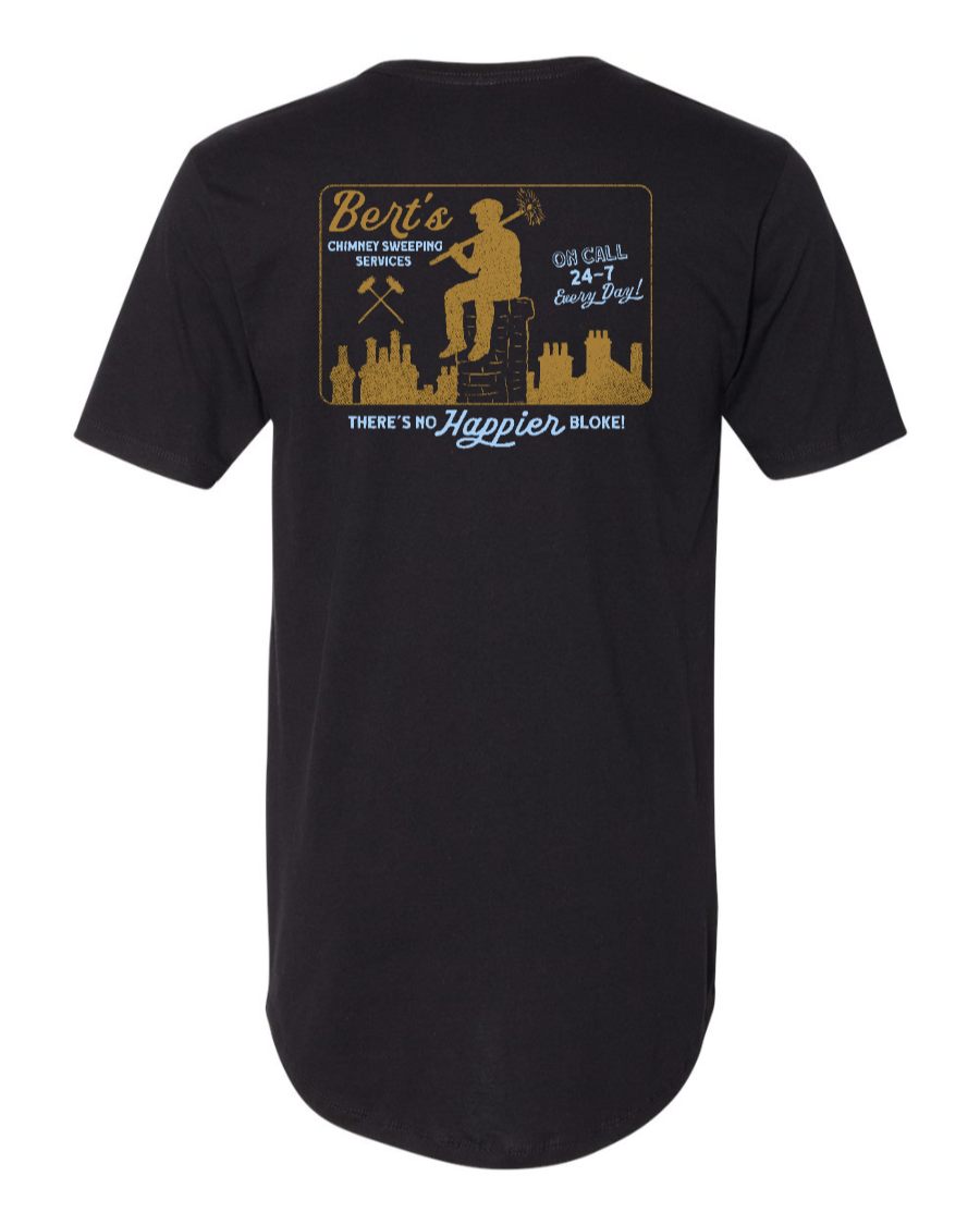 Black Corner of Main Bert's Chimney Services long body T-shirt featuring a printed logo on the back.